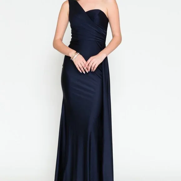 NEW NAVY LONG ONE SHOULDER FOR SPECIAL OCCASION GOWN WITH ZIPPER BACK AC387